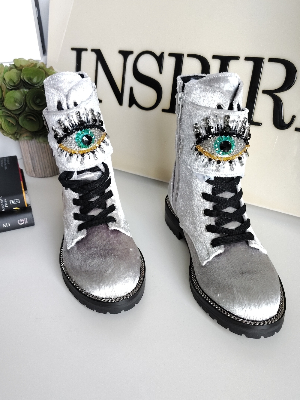 Kurt Geiger Sutton Eye Embellished Combat Boots Velvet Luxe Size 36 NIB